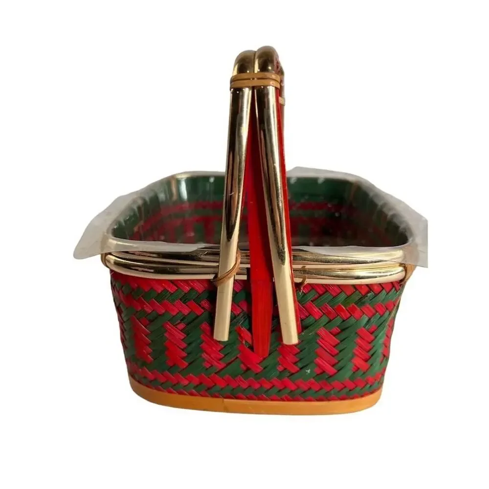 Vintage Red & Green Woven‎ Basket with Handle Country Style Small planter